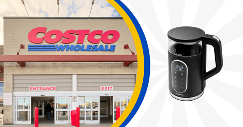 Collage of Costco's storefront and electric kettle product