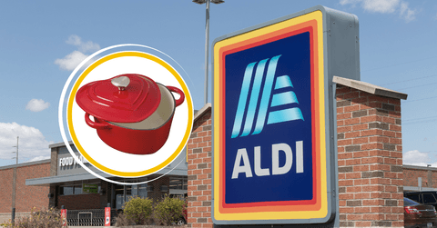 Collage of ALDI storefront and heart Dutch oven product