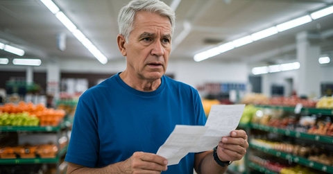 Worried senior man checks grocery bill in supermarket aisle looking shocked 