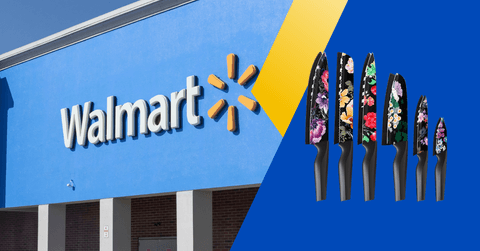 Collage of Walmart storefront and floral knife set