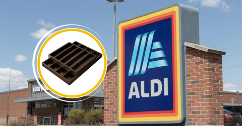 Collage of Aldi storefront and drawer organizer product