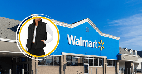 Collage of Walmart storefront and black puffer jacket product worn by model