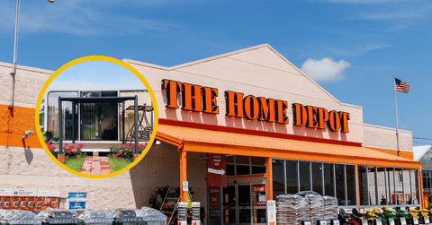 Collage of Home Depot store and a tiny house product