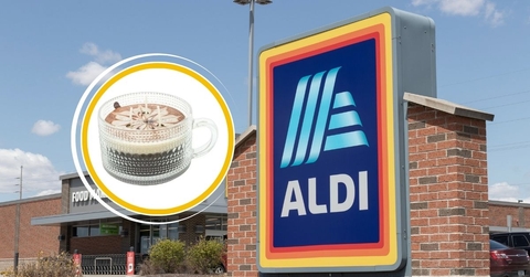 Aldi sign with coffee mug candle