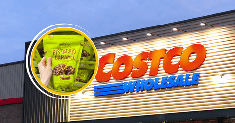 Collage of Costco's storefront logo and a snack product