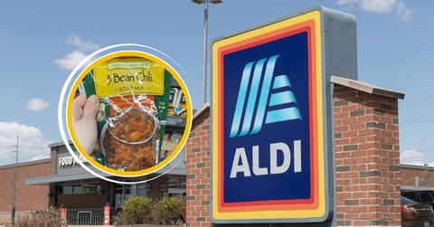 Collage of Aldi storefront and a food product 
