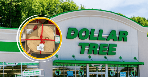 Dollar Tree storefront and heart charcuterie board product collage
