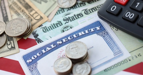 Social Security card with government check, cash, and a calculator