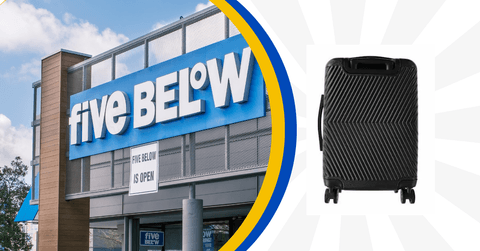 Collage of Five Below storefront and a black carry on suitcase product