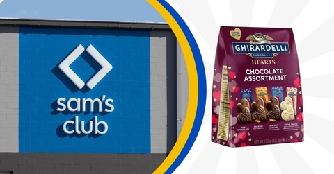 Sam's Club storefront and Ghirardelli chocolate hearts