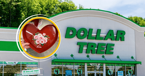 Collage of Dollar Tree storefront and heart tray product