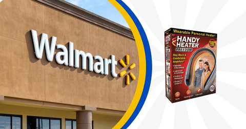 Collage of Walmart storefront and a handy heater product