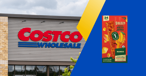 Collage of Costco storefront and a box of fruit jerky product
