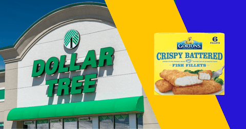 Collage of Dollar Tree storefront and a Gorton's fish box product