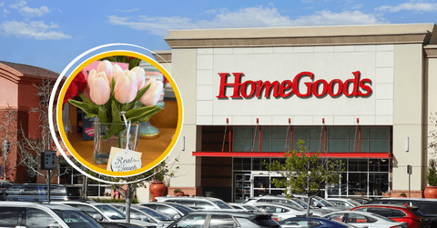 Collage of HomeGoods storefront and a faux tulip vase product