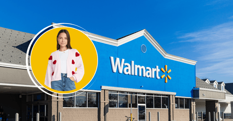 Collage of Walmart storefront and a model wearing pink cardigan with hearts