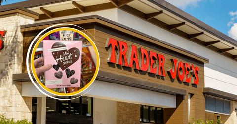 Collage of Trader Joe's storefront and box of heart cookies 