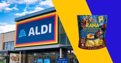 Collage of Aldi storefront and a ravioli food product