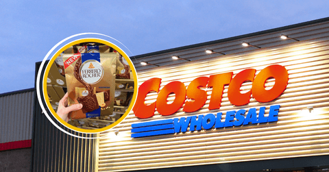 Collage of Costco storefront and a bag of chocolate product