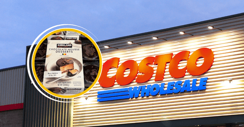 Collage of Costco's storefront and a dessert product