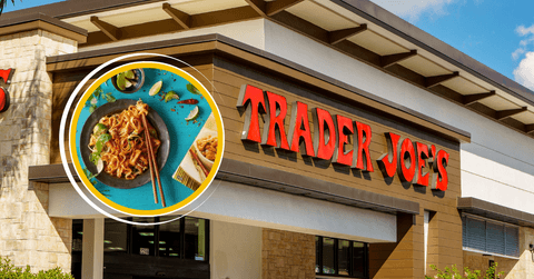 Trader Joe's storefront and noodle dish collage