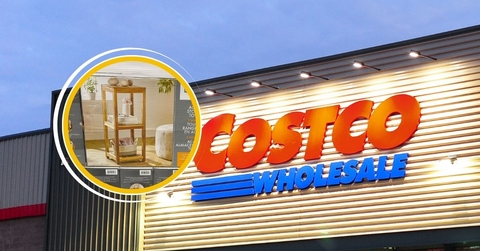 Costco storefront sign with bathroom storage shelf