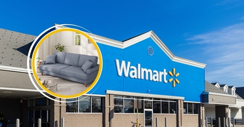 Walmart storefront with blue couch