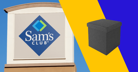 Collage of Sam's Club storefront logo and a storage ottoman product