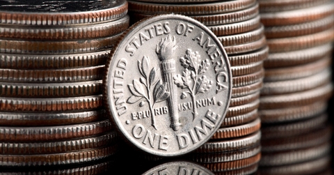 Pilo of old coins and dime coin highlighted 