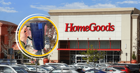 Original image collage of HomeGoods storefront and a blue glass pitcher product