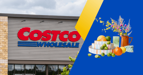 Collage of Costco storefront and a set of pastel color plates with flowers and fruits