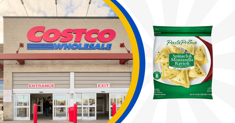 Collage of Costco storefront and a ravioli product