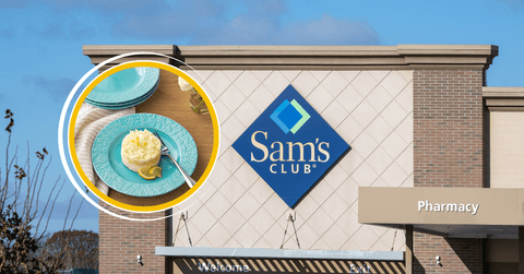 Collage of Sam's Club storefront and a blue plate product with dessert in it