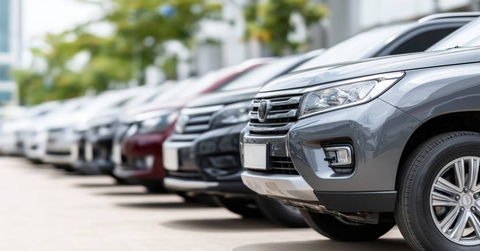 Lineup of new cars parked at an outdoor dealership lot