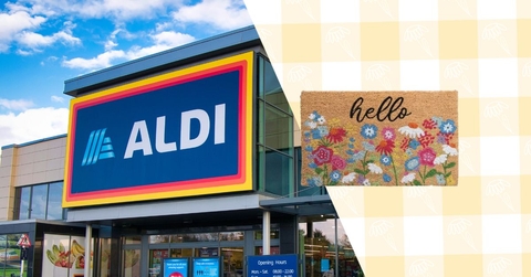 Aldi storefront with spring doormat
