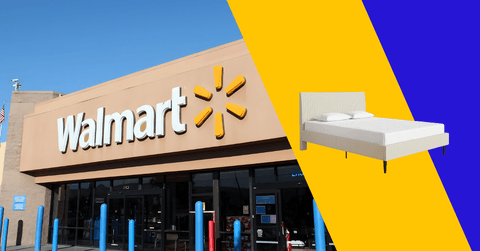 Collage of Walmart storefront and a bed frame and mattress product