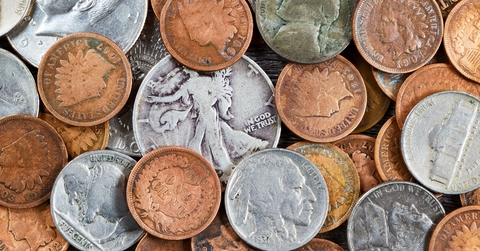 US old coins spread on the table