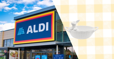 Aldi storefront with Easter candy bowl