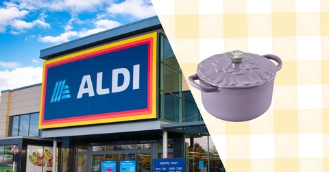 Aldi storefront with purple Dutch oven