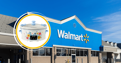 Collage of Walmart store front and floral crockpot product
