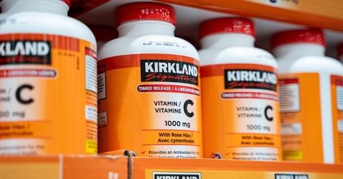 Bottles of Kirkland Signature Vitamin C on Costco's shelf