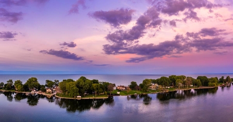 Aerial panorama of the Ceder Point peninsula at dusk, in Sandusky, Ohio