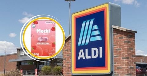 Aldi store sign with mochi collage