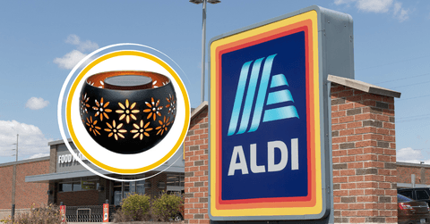 Collage of Aldi storefront and a candle product