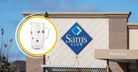 Sam's Club store exterior with strawberry glass pitcher