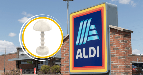 Collage of Aldi storefront and a white cordless lamp
