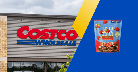 Collage of Costco frontstore and a tru fru strawberry snack pack