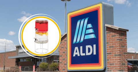 Aldi collage of storefront and a beverage dispenser product
