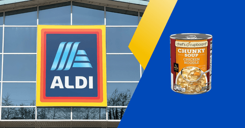 Collage of ALDI storefront and chicken noodle soup