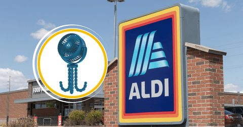 Collage of Aldi's storefront and a portable fan product